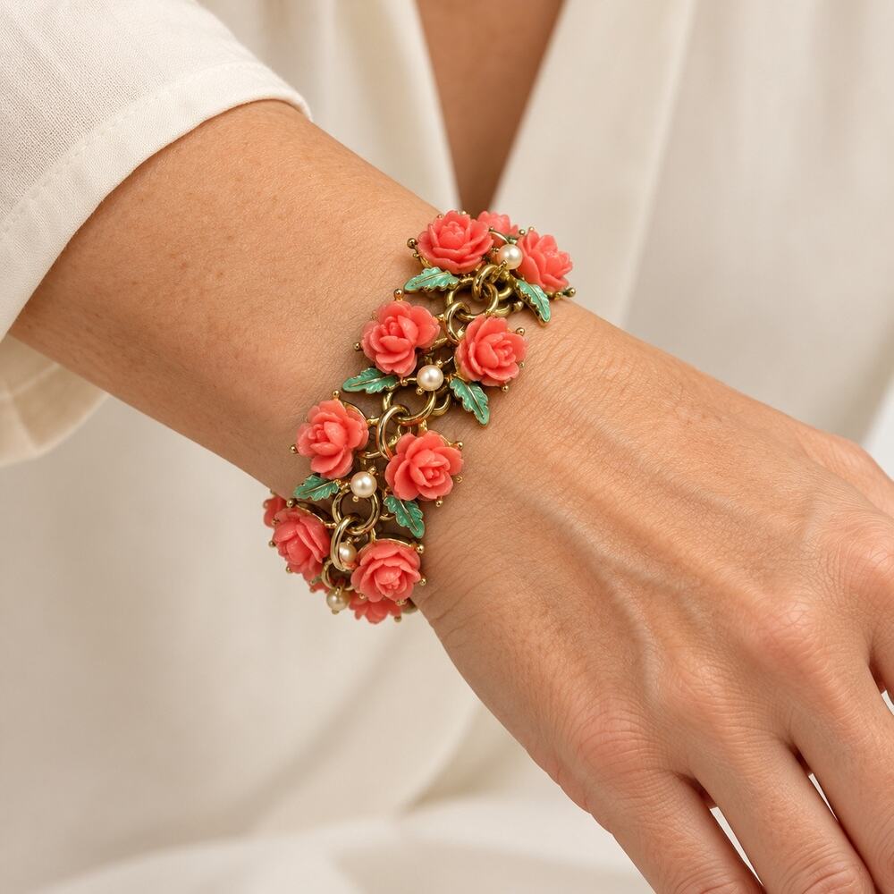 Vintage Rose Charm Bracelet Red Floral Green Leaves Gold Tone Womens Jewelry